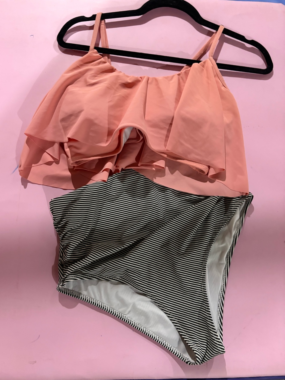 Cupshe Peach Ruffle Bikini Top with Black & White Striped High Waist Bottoms